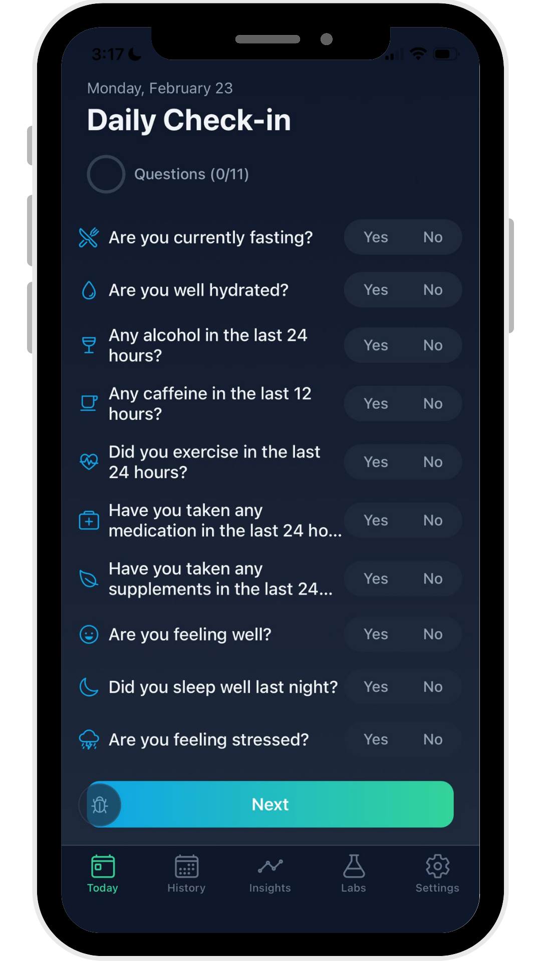 Attune app daily check-in screen