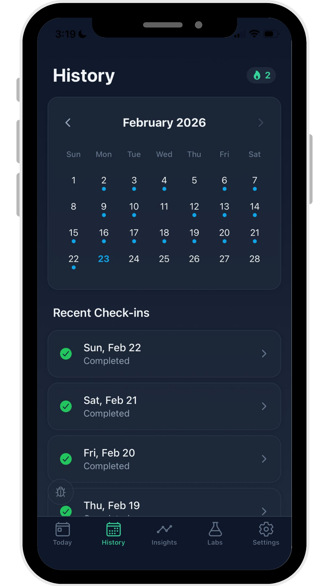 Attune app history screen